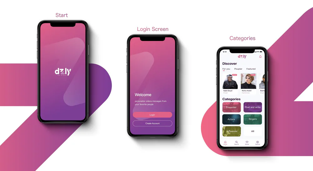 Dzly app screens: start, login and categories