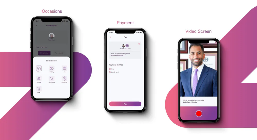 Dzly app screens: occasions, payment and video
